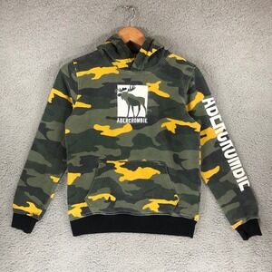 Abercrombie & Fitch Camo Moose Graphic Hoodie Green Yellow Pullover Large Logo